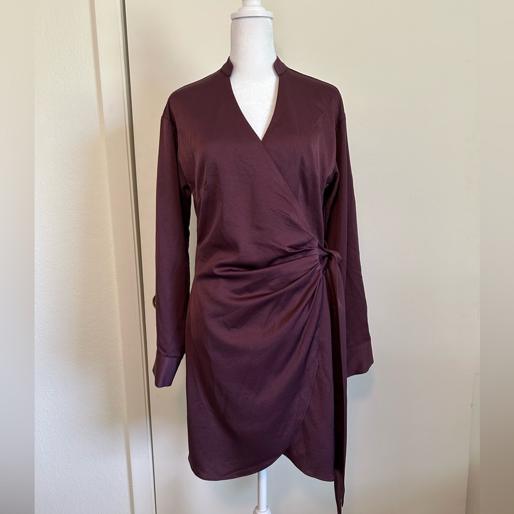 Lucy Paris Plum Wrap Dress with V-Neck and Long Cuffed Sleeves